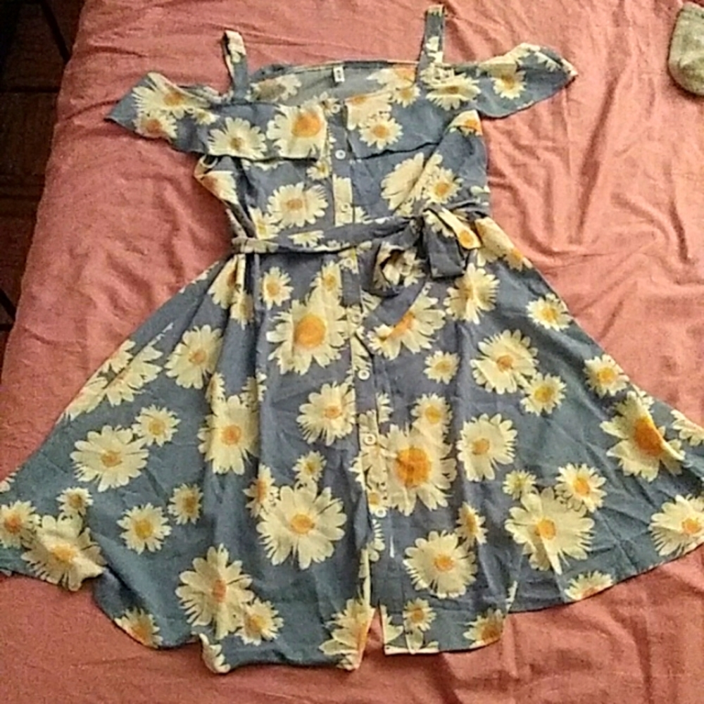 Sweet Daisy Floral Cold Shoulder Cutout Ruffle Belted Dress, XXXL/Size 14